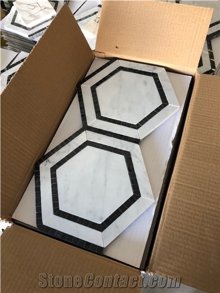 Carrara White Marble 5" Hexagon Combination Mosaic Black