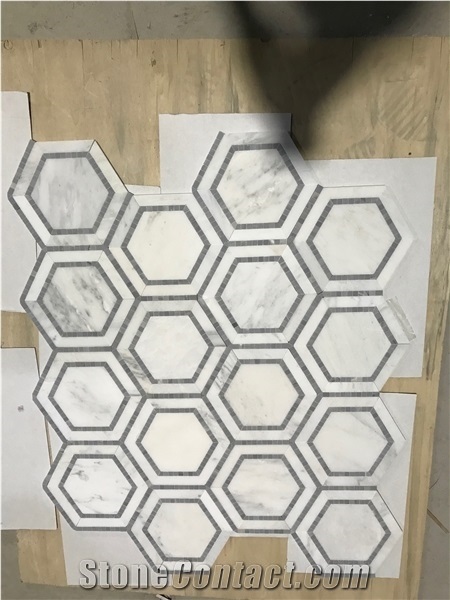 Carrara White Marble 5" Hexagon Mosaic W/ Blue-Gray