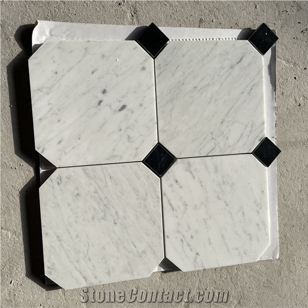 Carrara White Marble 6"X6" Black Dots Octagon Mosaic Tile