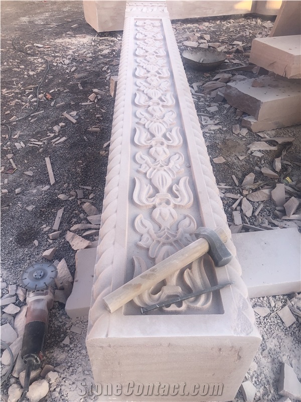 Jodhpur Pink Sandstone Carved Stone Relief Pillar