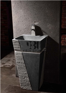 China Black Pedestal Stone Basin/Sink for Bathroom