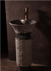 China Black Pedestal Stone Basin/Sink for Bathroom
