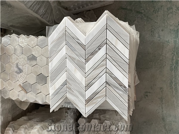 Calacatta Gold Marble W/Bermarti 1x3" Chevron Mosaic Tile