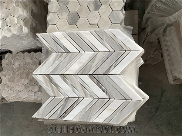 Calacatta Gold Marble W/Bermarti 1x3" Chevron Mosaic Tile