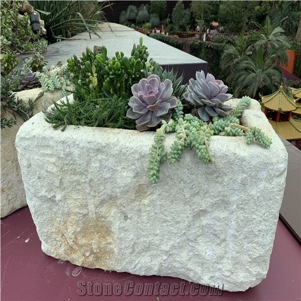 Beige Granite Circle Flowerpot,Landscaping Decor Use