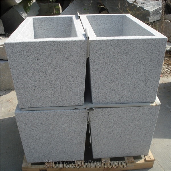 Grey Circle Granite Flowerpot,Outside Lotus Petal Carving