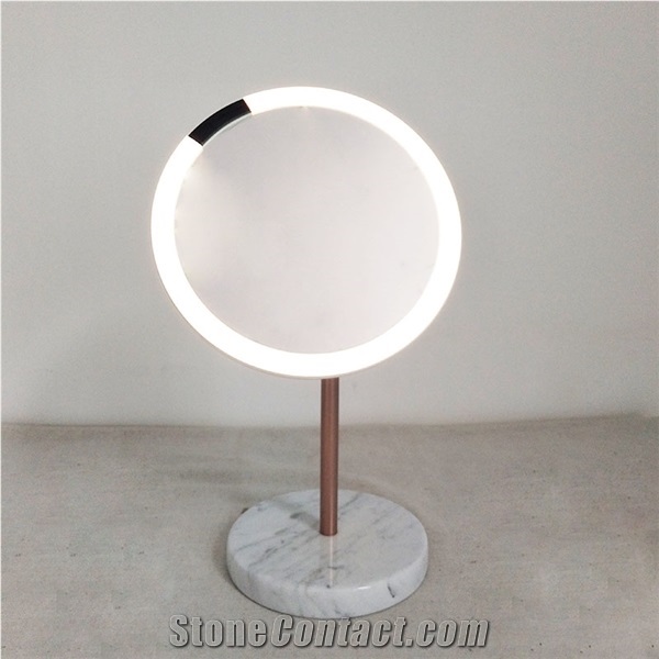 Custom Led Mirror Makeup White Marble Base Table Stand