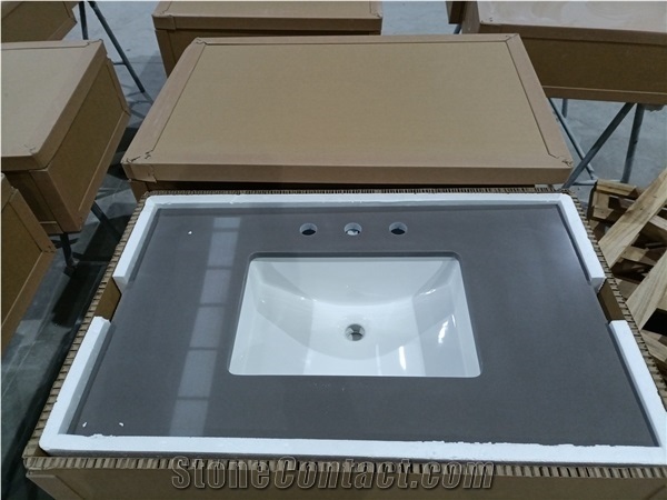 Grey Man Made Quartz Stone Prefab Vanity Top Install Ceramic Sinks