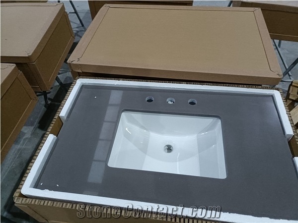 Grey Man Made Quartz Stone Prefab Vanity Top Install Ceramic Sinks
