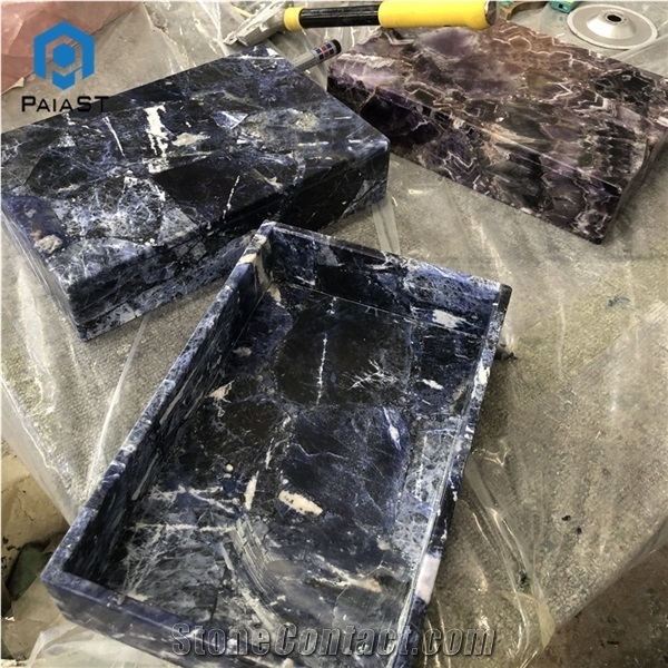 Blue Agate Semiprecious Stone Jewel Case