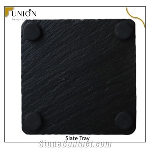 4 Piece Natural Slate Stone Coaster Set with 2 Pcs Plates
