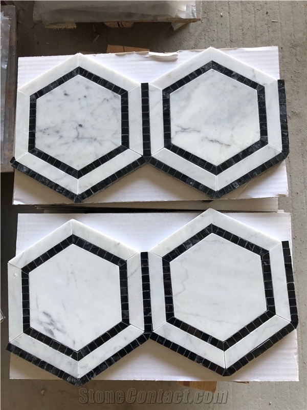 Carrara White Marble W/Black Edge Hexagon Mosaic Tile