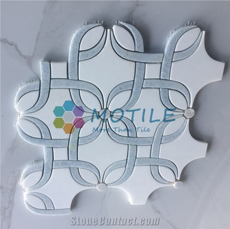 Thassos White Marble W/Argetina Blue Pattern Waterjet Mosaic