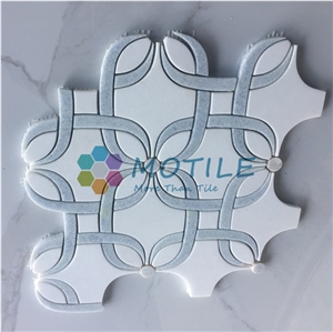 Thassos White Marble W/Argetina Blue Pattern Waterjet Mosaic