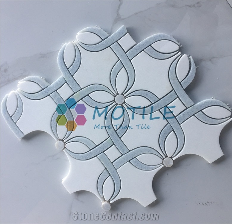 Thassos White Marble W/Argetina Blue Pattern Waterjet Mosaic