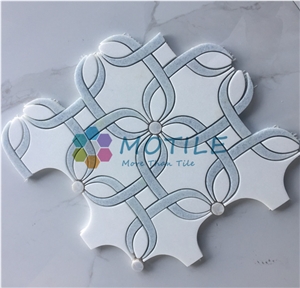 Thassos White Marble W/Argetina Blue Pattern Waterjet Mosaic
