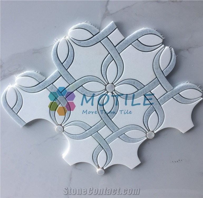 Thassos White Marble W/Argetina Blue Pattern Waterjet Mosaic