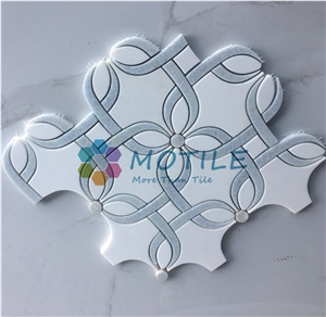 Thassos White Marble W/Argetina Blue Pattern Waterjet Mosaic