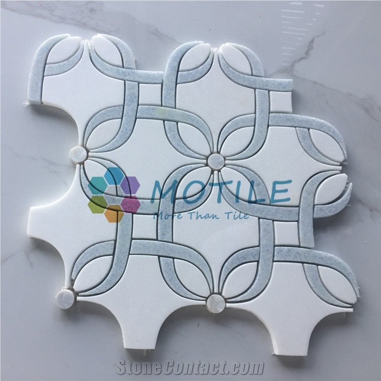 Thassos White Marble W/Argetina Blue Pattern Waterjet Mosaic