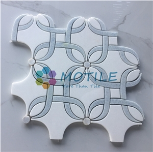 Thassos White Marble W/Argetina Blue Pattern Waterjet Mosaic