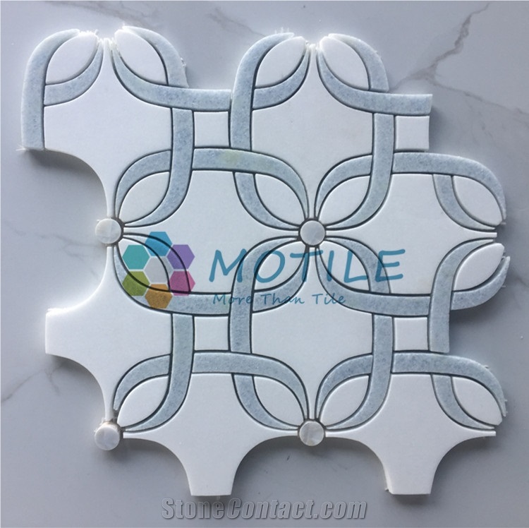Thassos White Marble W/Argetina Blue Pattern Waterjet Mosaic