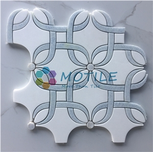 Thassos White Marble W/Argetina Blue Pattern Waterjet Mosaic