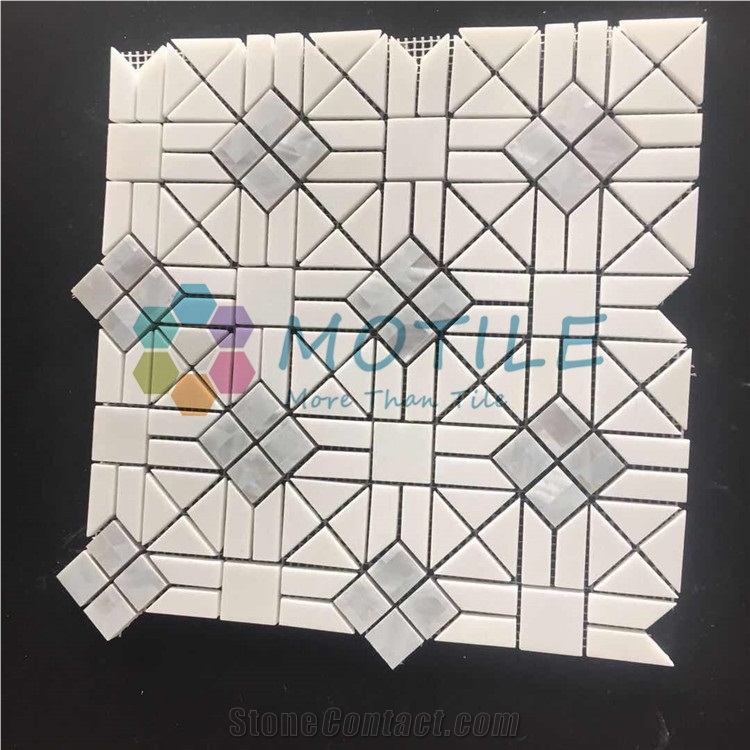 Thassos White Marble W/Pearl Of Shell Waterjet Mosaic Tile