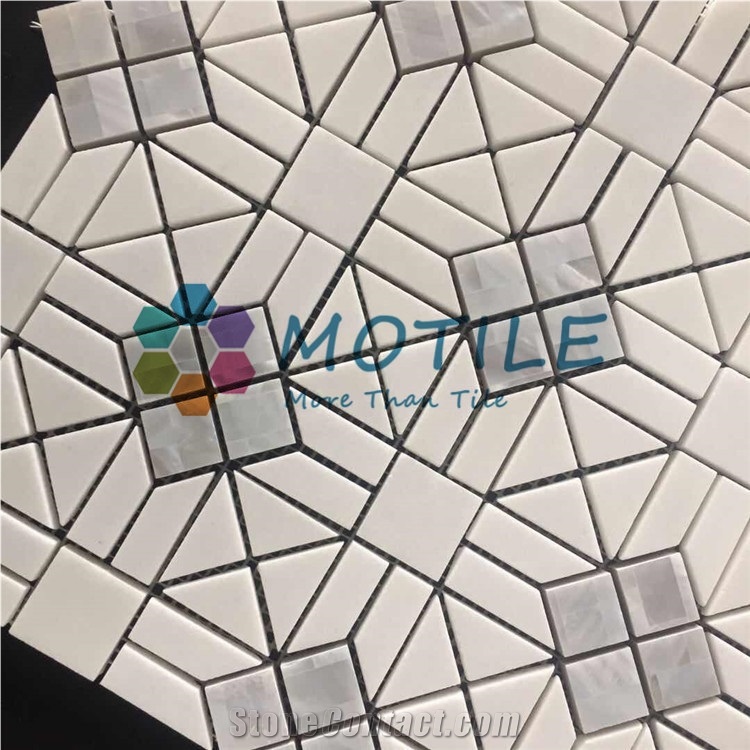 Thassos White Marble W/Pearl Of Shell Waterjet Mosaic Tile