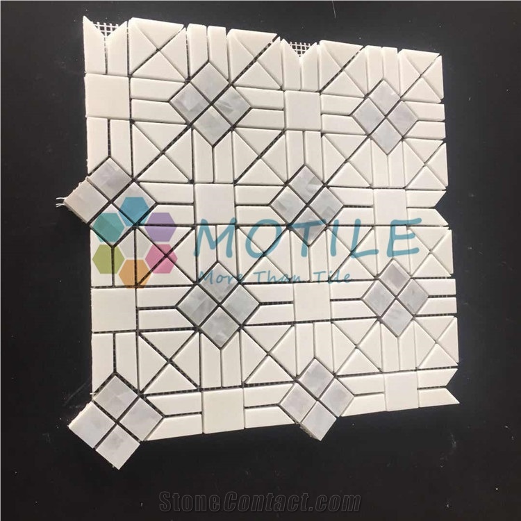 Thassos White Marble W/Pearl Of Shell Waterjet Mosaic Tile