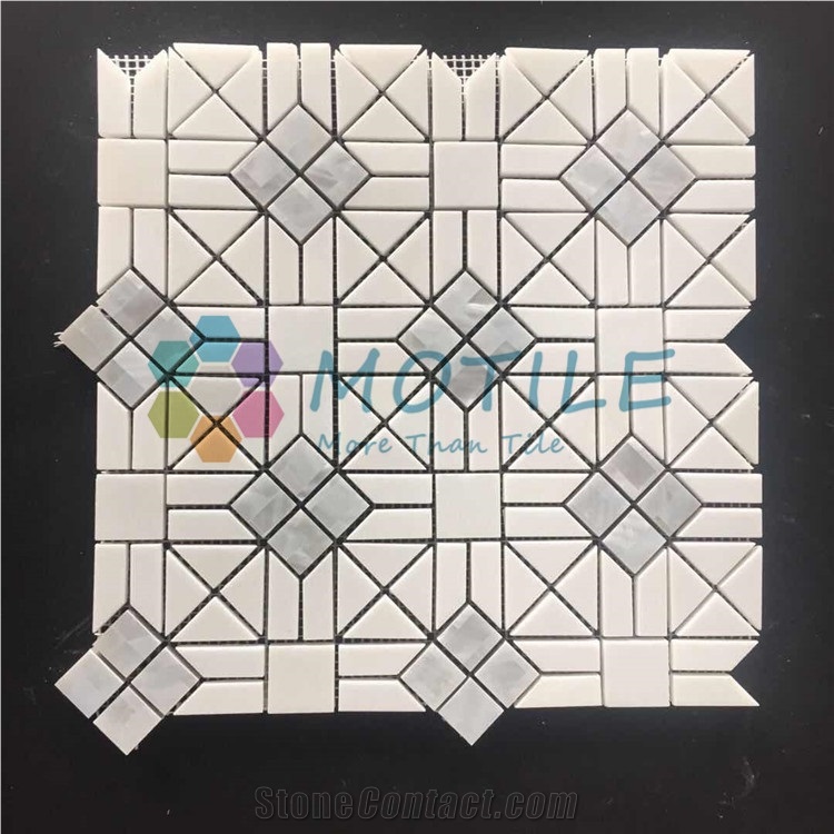 Thassos White Marble W/Pearl Of Shell Waterjet Mosaic Tile