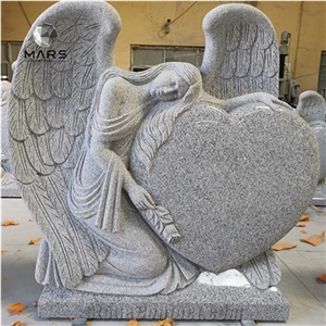 Grey White Heart Tombstone with Sitting Angel Wings