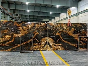 Bookmatch Black Fusion Golden Fire Granite Slab