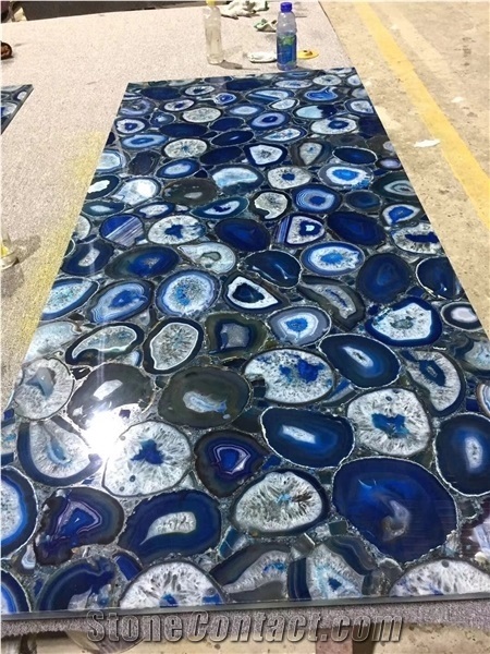 Backlit Semiprecious Stone Blue Agate Panel Slab for Project