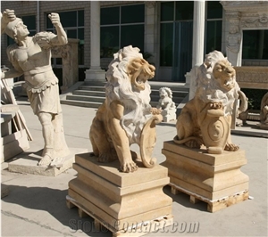 Limestone Garden Statue Yellow Lion Guardian Shishi Statue