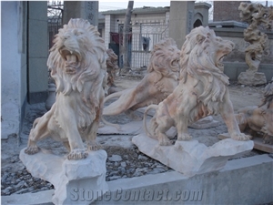 Pink Marble Lion Guardian Statue Garden Shishi Statue