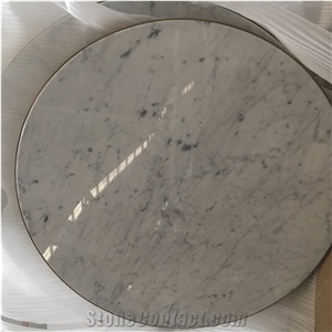 Statuario White Carrara Round Table Top Brass Band Edges