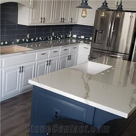 Island with Waterfalls and Vent Hood Wrapped in Statuario