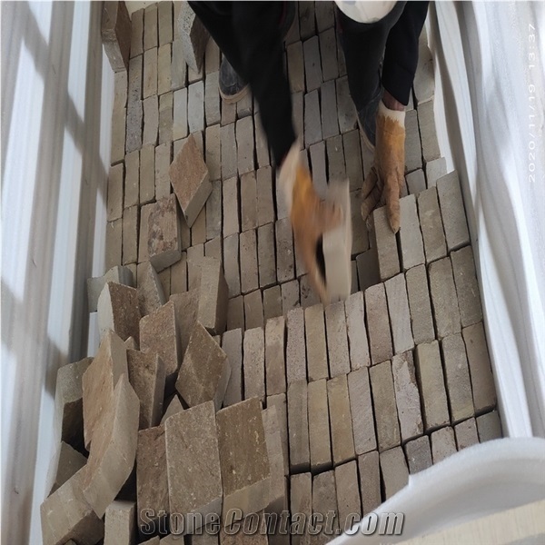 China Yellow Sandstone Cobble Tile Slab Flooring Paver Wall