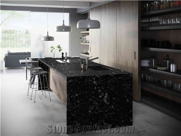 Stellar Night Black Quartz Slabs for Interior Project