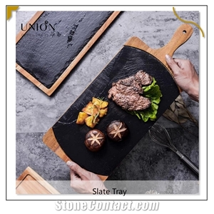 Acacia Wooden and Natural Black Slate Cutting Tray Board