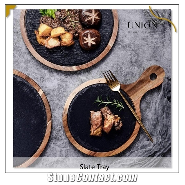 Bamboo Steak Slate Round Flat Plate Hotel Cutlery Plate