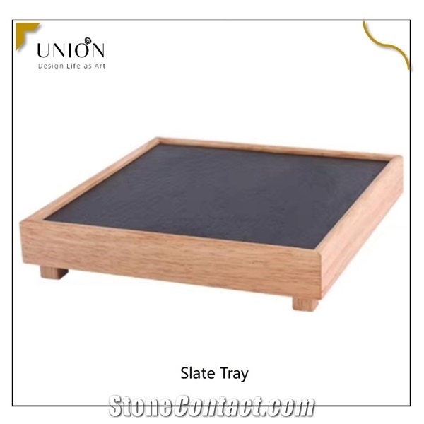 Bread Serving Tray Bamboo Slate Cheese Board with Handle