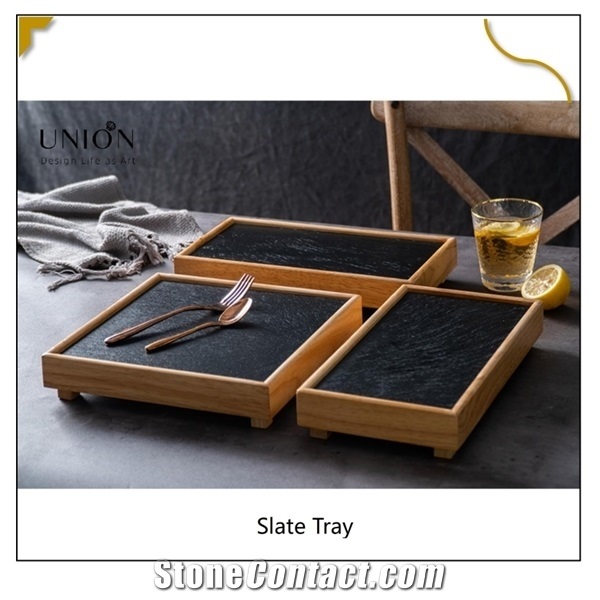 Bread Serving Tray Bamboo Slate Cheese Board with Handle