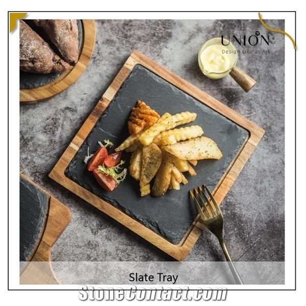 Bread Serving Tray Bamboo Slate Cheese Board with Handle
