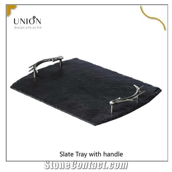 Large Rectangula Black Slate Plates with Sliver Metal Handle