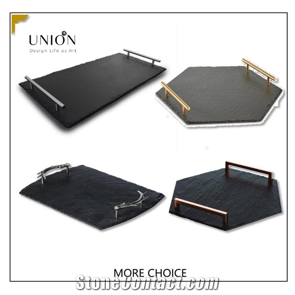 Large Rectangula Black Slate Plates with Sliver Metal Handle