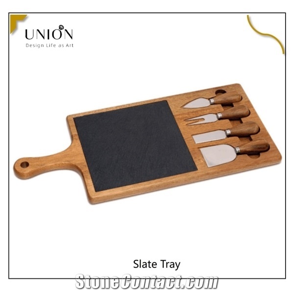 Natural Serving Tray Cutting Plate Board with Slate&Cutlery