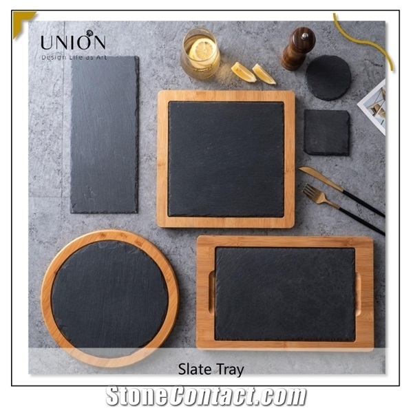 Natural Serving Tray Cutting Plate Board with Slate&Cutlery