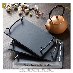 Rectangular Slate Platter Desert Tray with Metal Handles