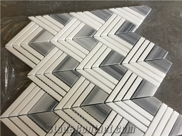 Thassos White Marble Mixed Wooden Marble Chevron Mosaic 